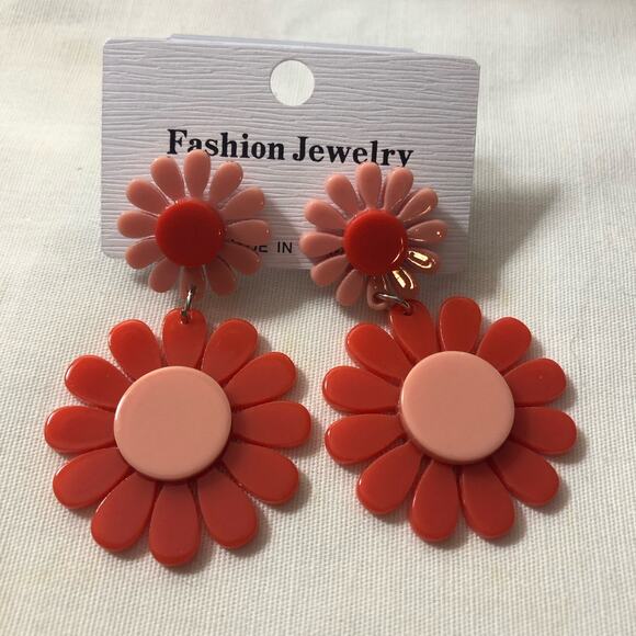 Bohemian Vintage Acrylic Double Flower Dangle Drop Earrings Pink - Picture 1 of 5